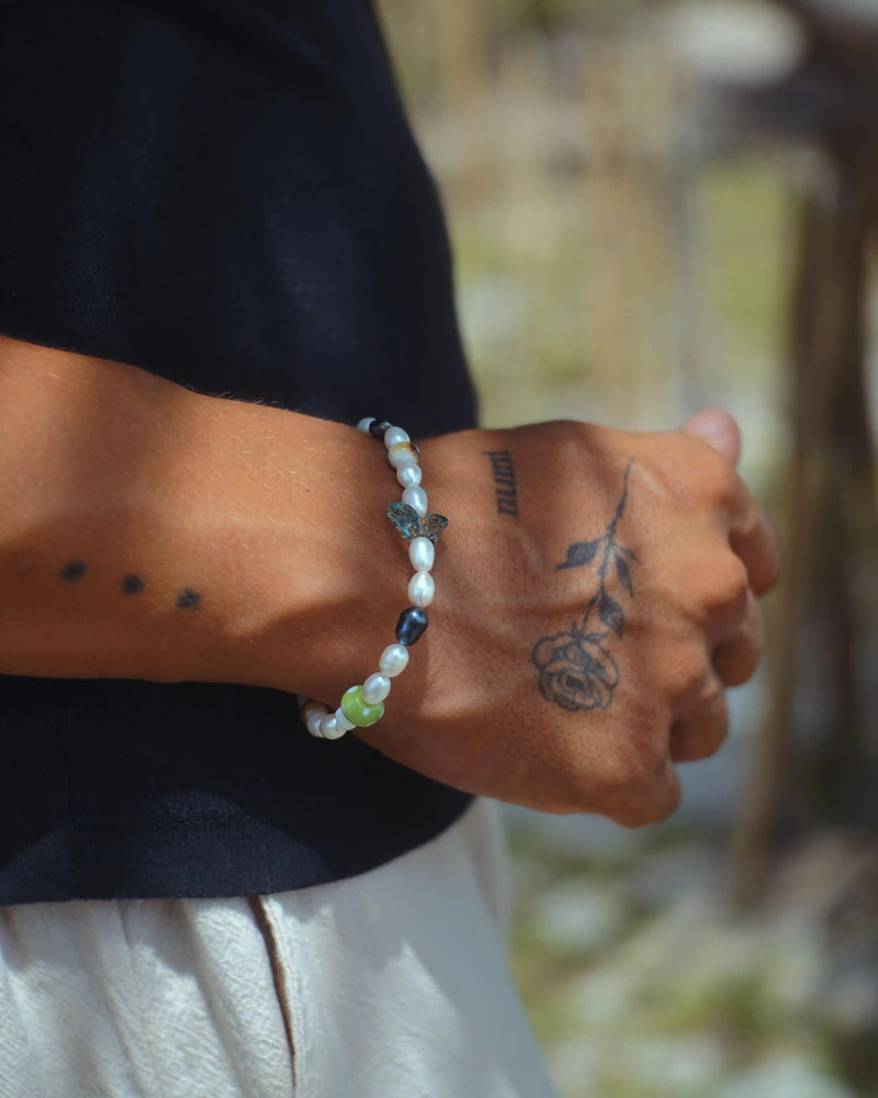 Men's Pearl Bracelet with Green Cross