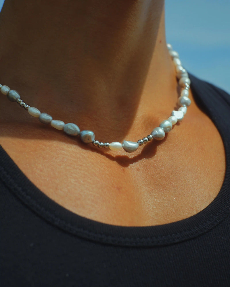 Men's Pearl Necklace with White Gold Beads