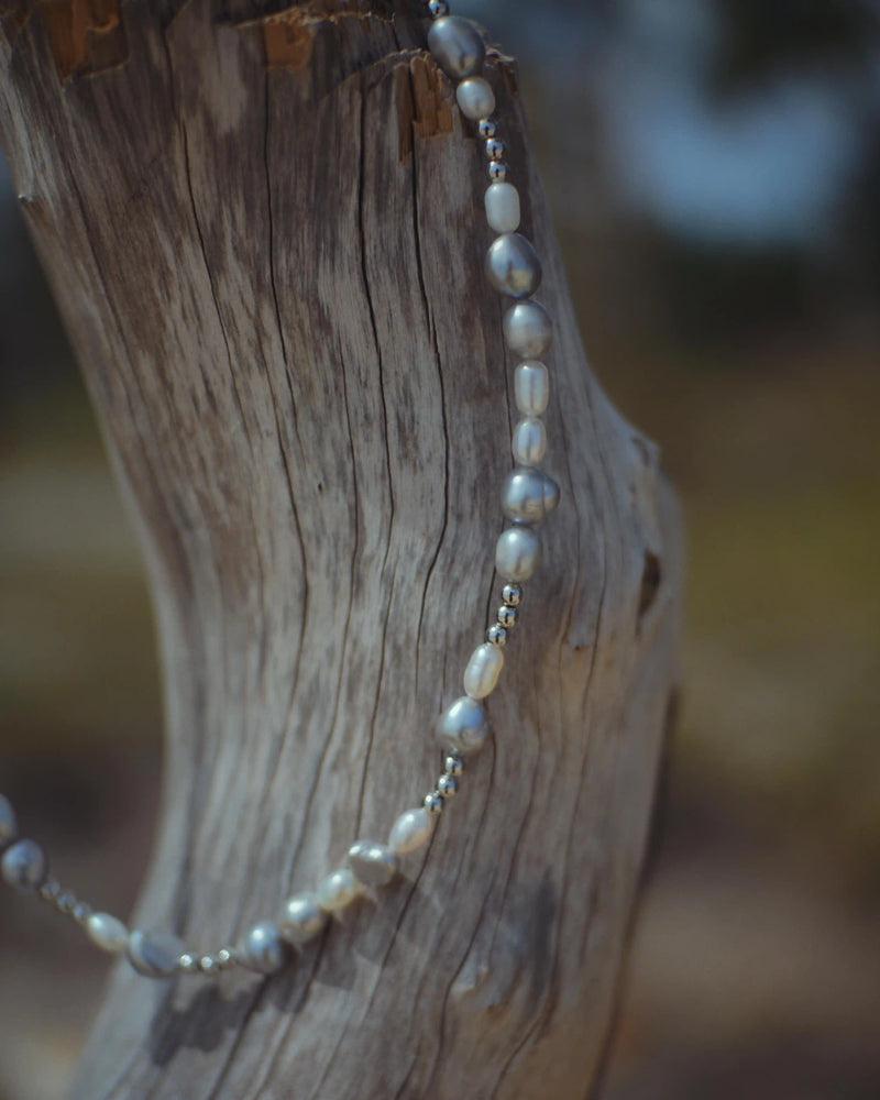 Men's Pearl Necklace with White Gold Beads