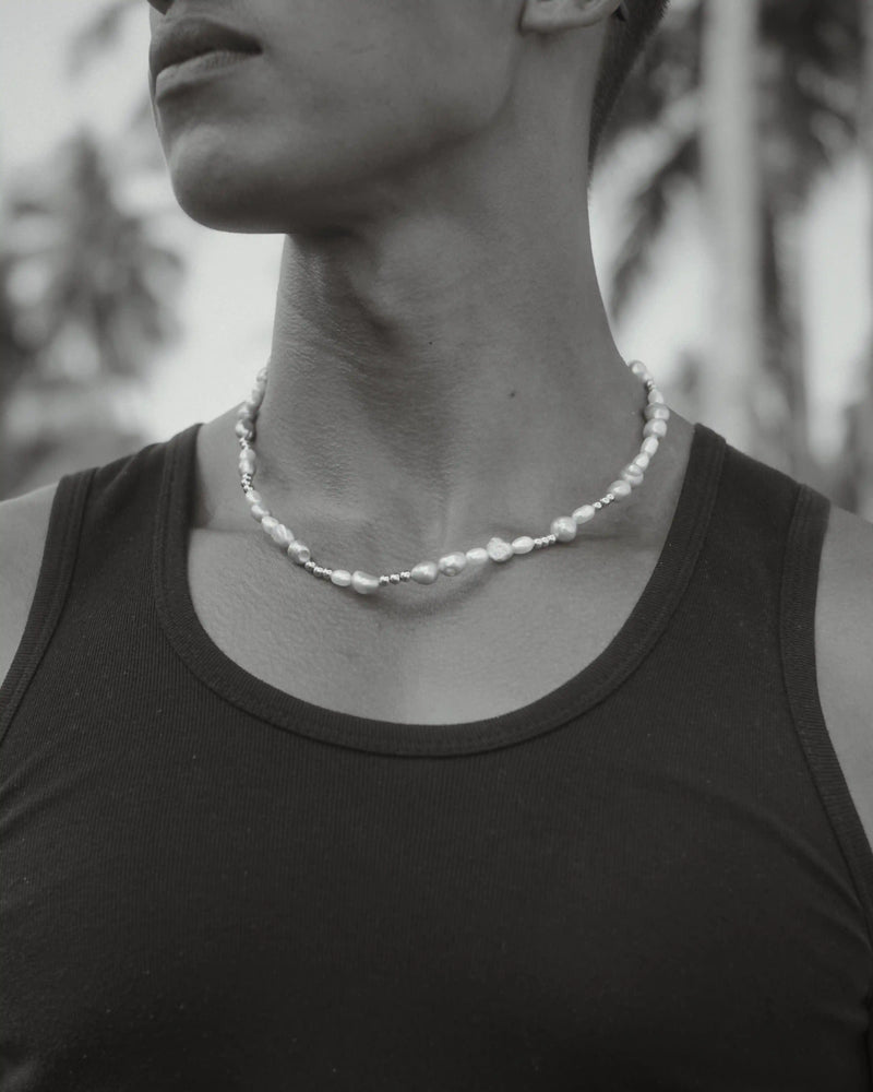 Men's Pearl Necklace with White Gold Beads