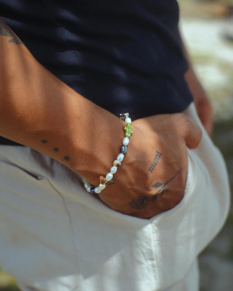 Men's Pearl Bracelet with Green Cross