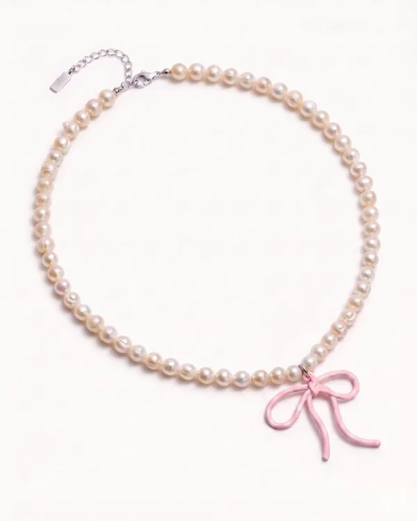 22 Pearl necklace with pink bow charm