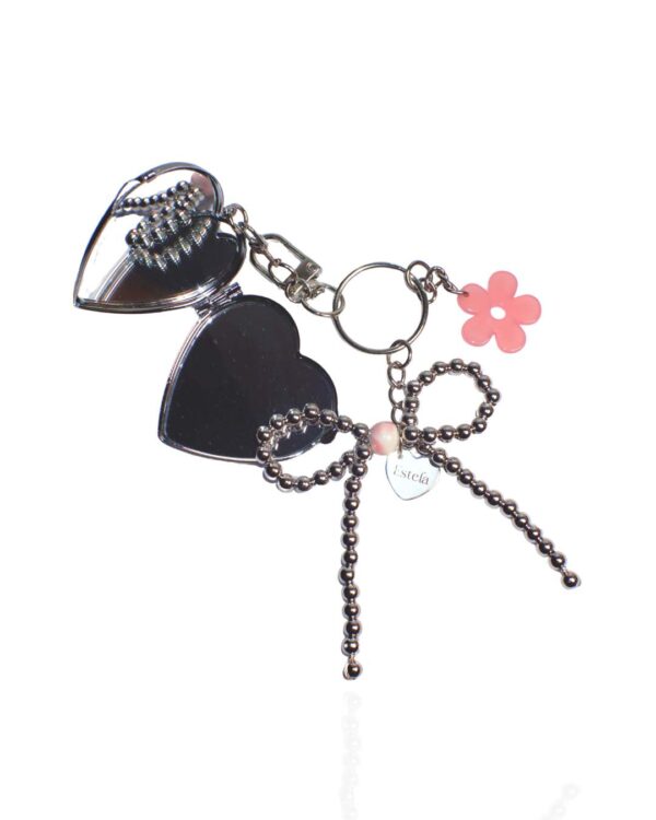 Keychain with white gold bow and heart mirror charm