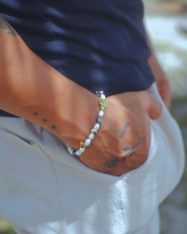 Men’s Pearl Bracelet with Green Cross