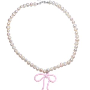 Pearl necklace with pink bow charm