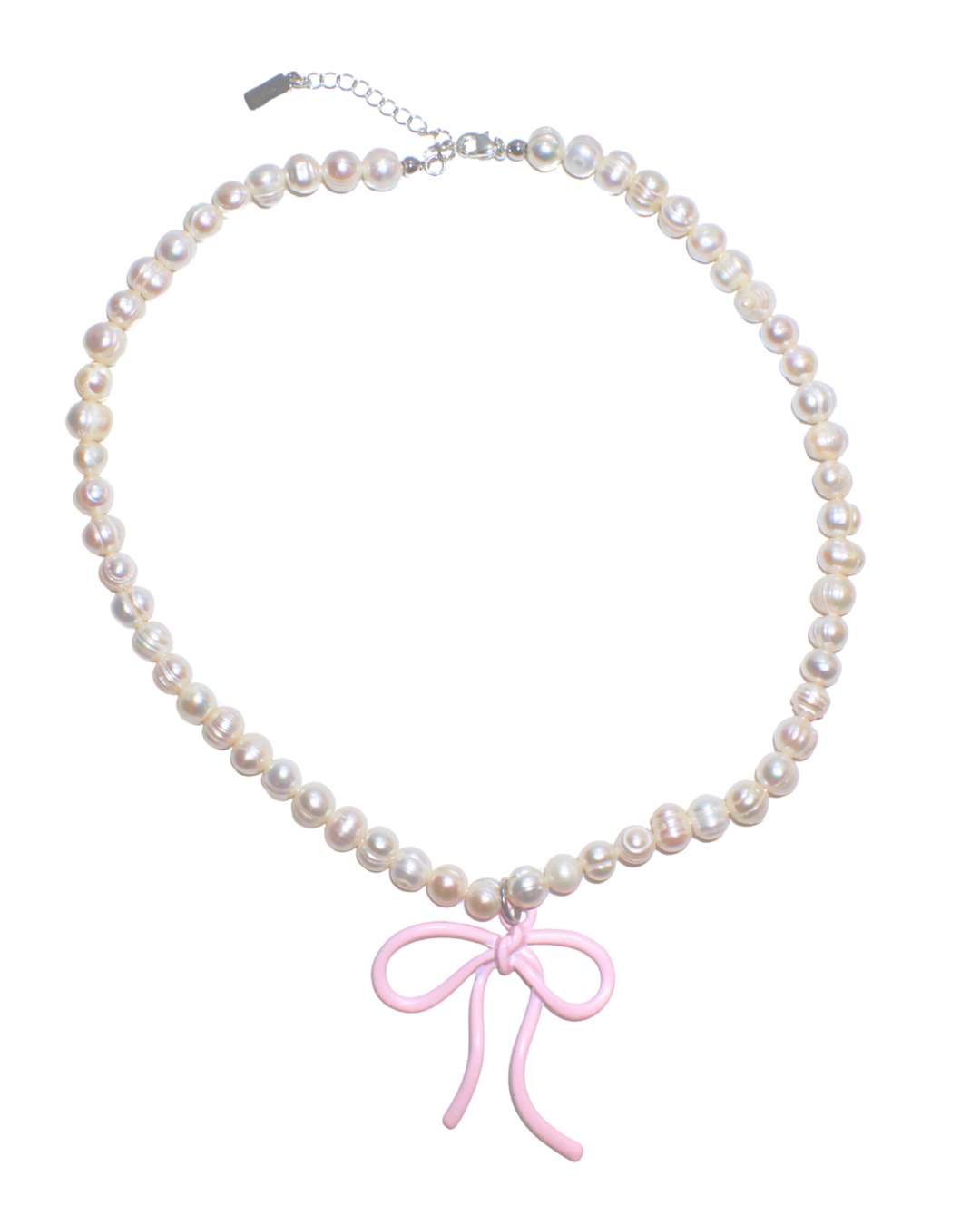 Pearl necklace with pink bow charm