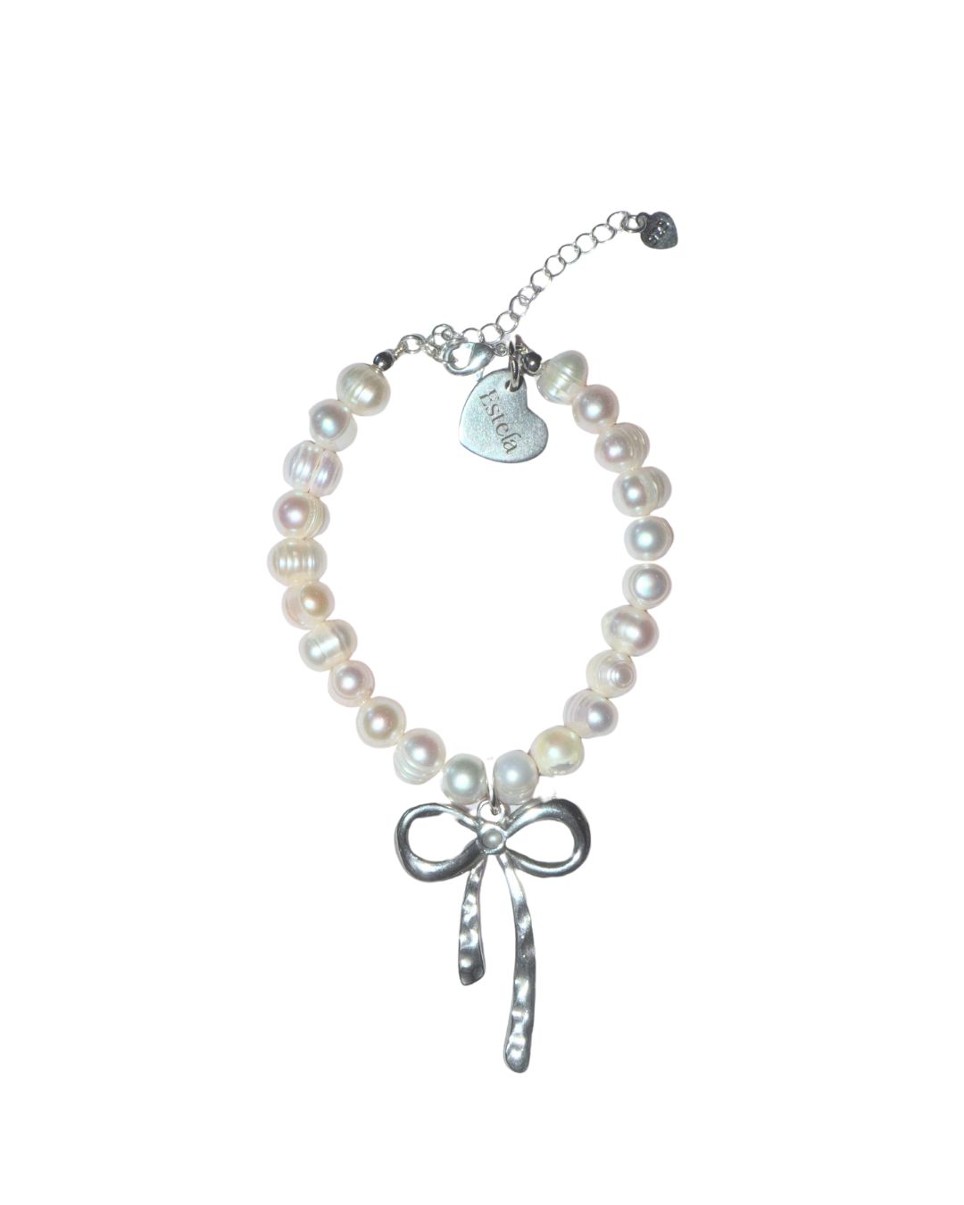 Pearl bracelet with silver bow charm